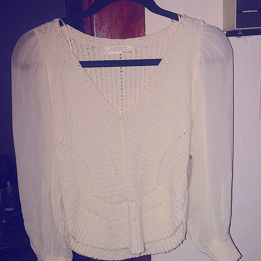 NEW! Anthropologie sheer long sleeve V neck Ivory sweater